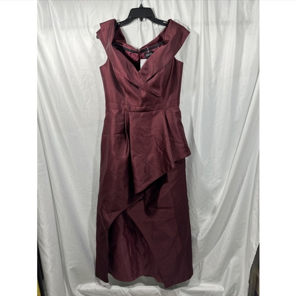 NWT $289 XSCAPE [ 12‎ ] Off Shoulder Draped Asymmetrical Gown in Burgundy - Picture 6 of 13